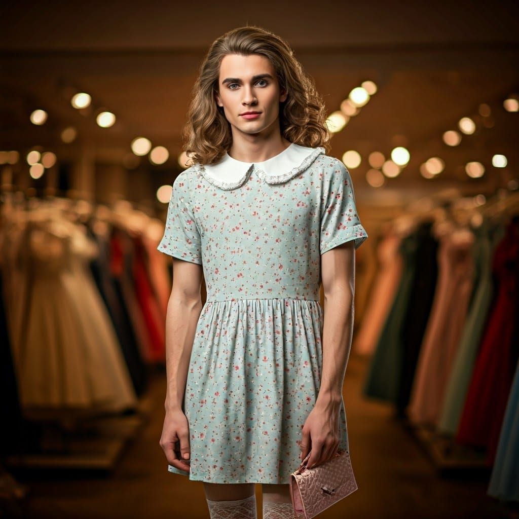 Handsome Young Man in Whimsical Dress, Embarrassed Expressio...