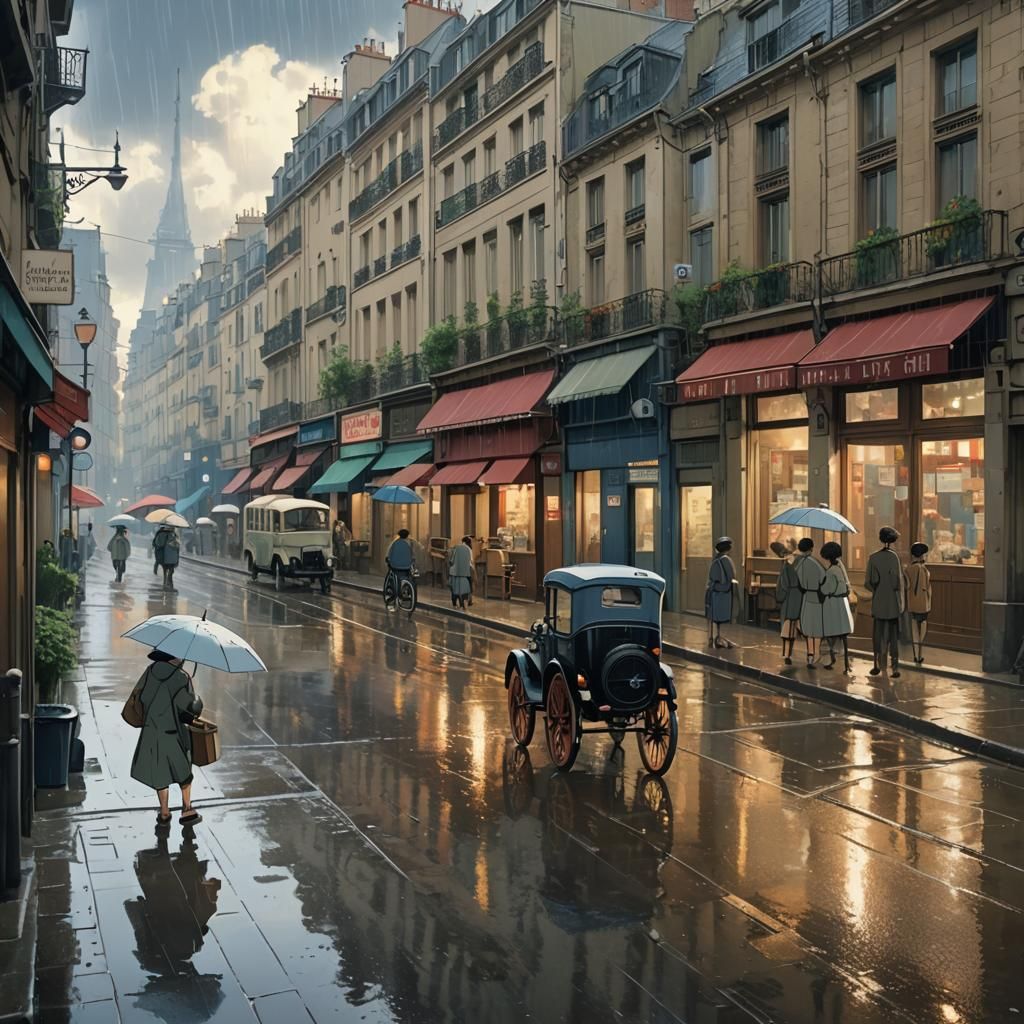 Paris Rainy Afternoon in Ghibli Anime Style