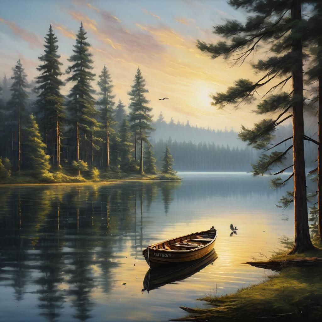 Small Boat on Serene Lake in Impressionist Style