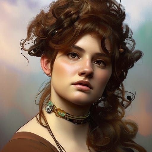 Portrait of Woman Holding Python in Art Nouveau Style