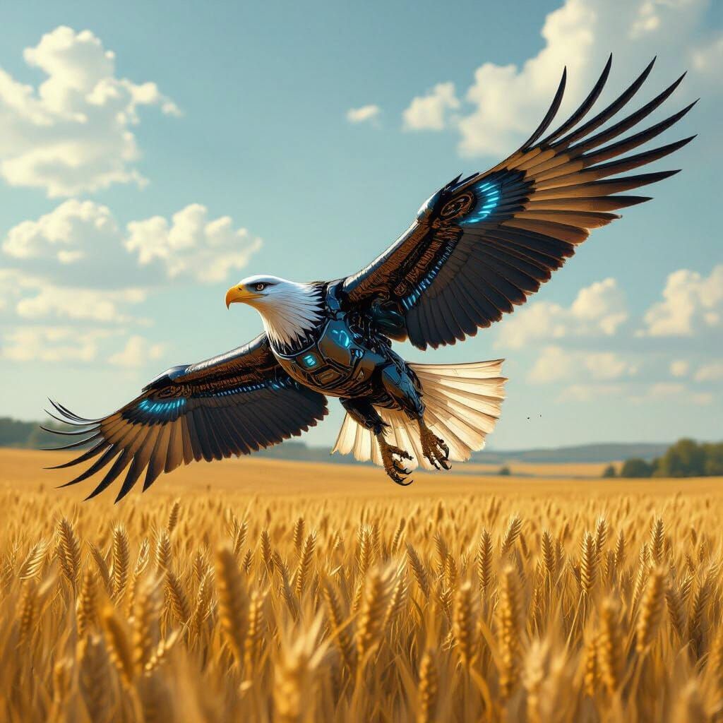 Cyborg Eagle Soaring Over Golden Wheat Field
