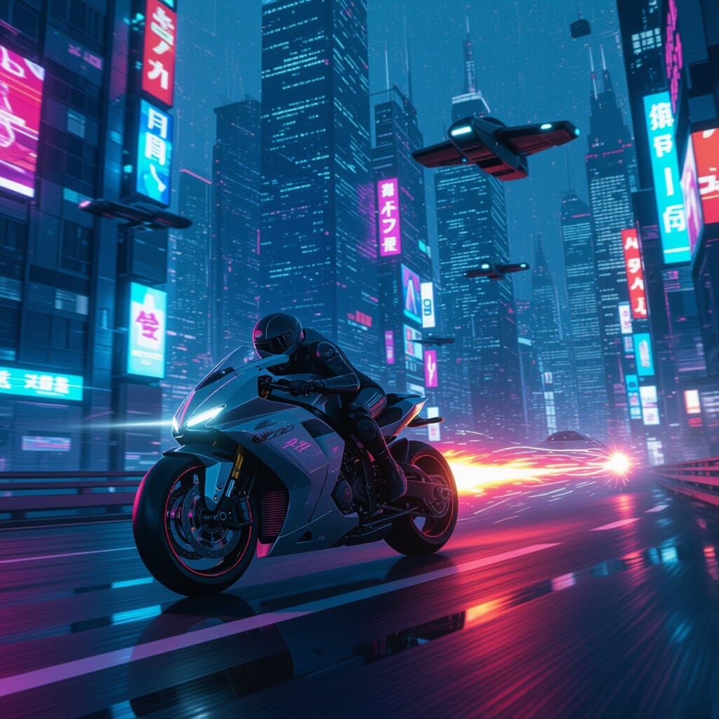 Futuristic Motorcycle Races Through Neon Cyberpunk Cityscape