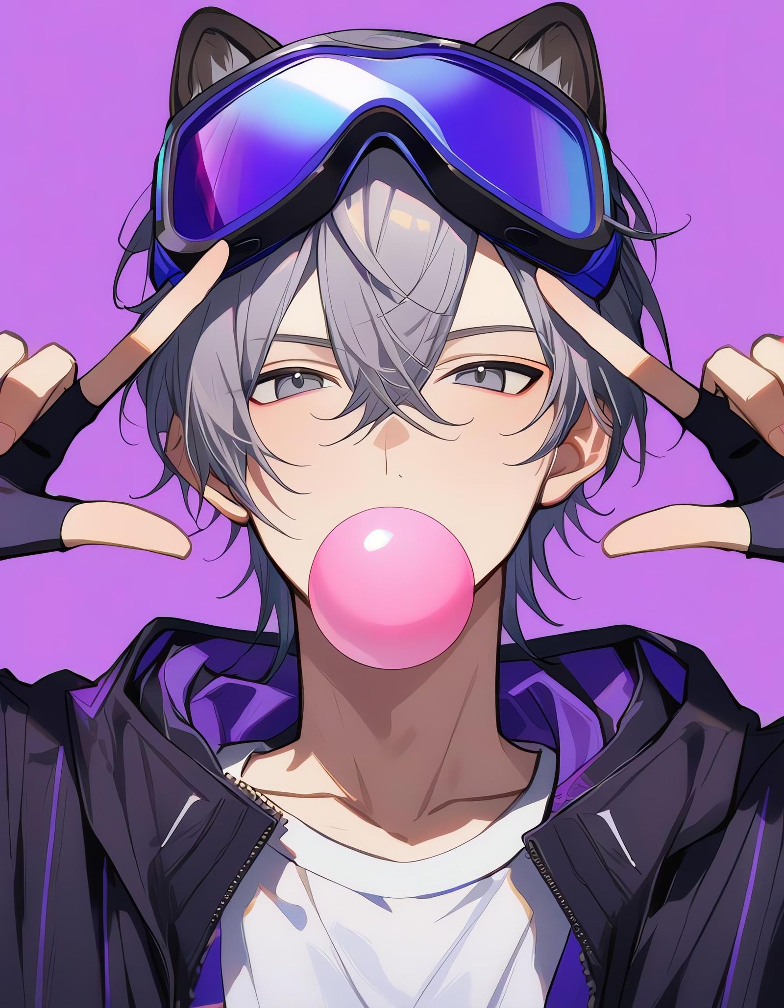 Aesthetic Bishounen with Gray Hair and Ski Goggles