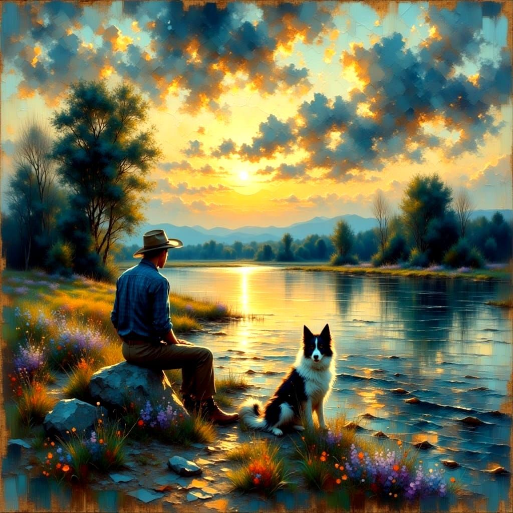 Farmer and Dog at Sunset in Impressionistic Style
