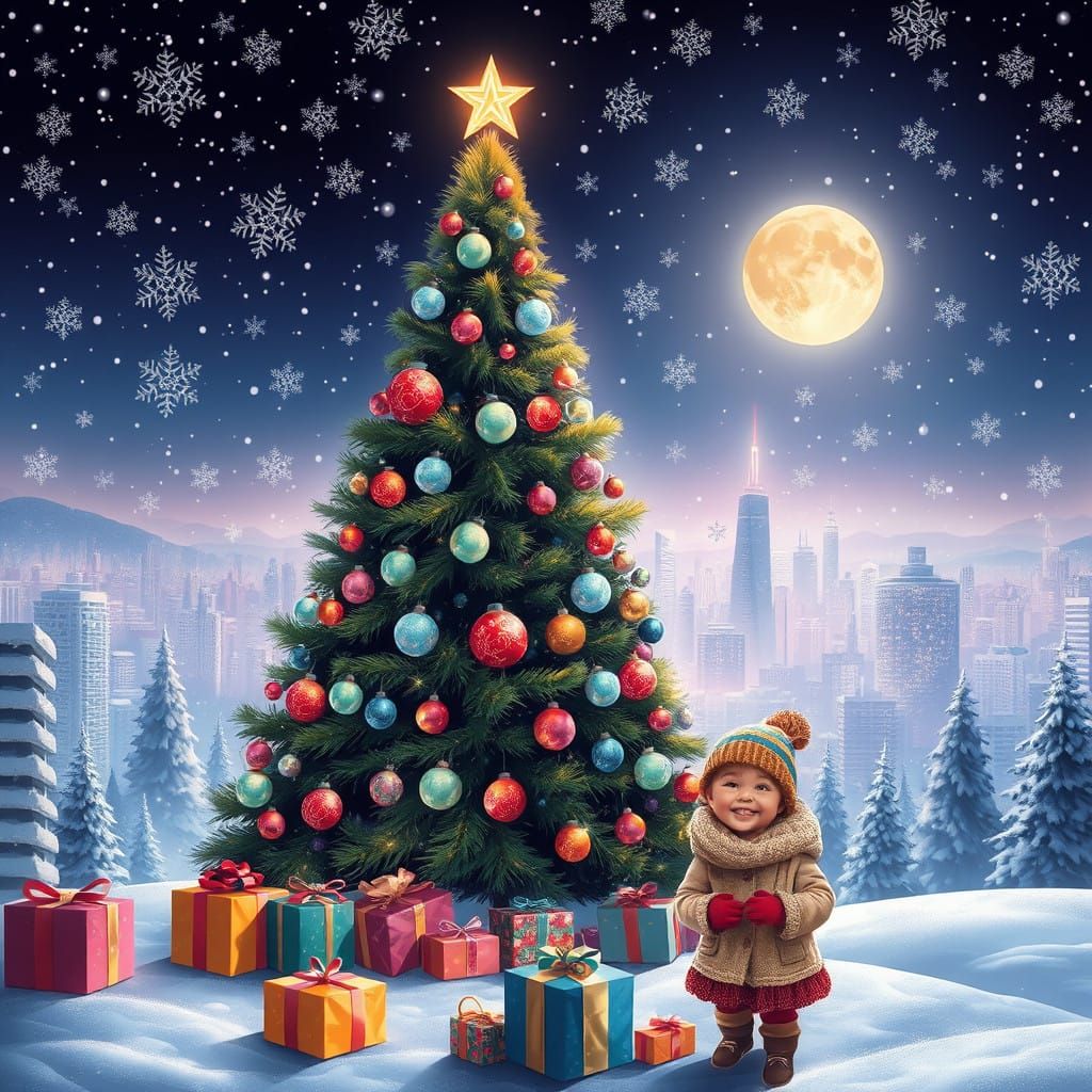 A Majestic Christmas Scene in a Vibrant, Cyberpunk-Style Win...