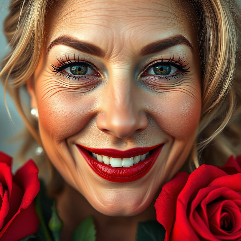 Hyperrealistic Portrait of a Smiling Woman with Roses