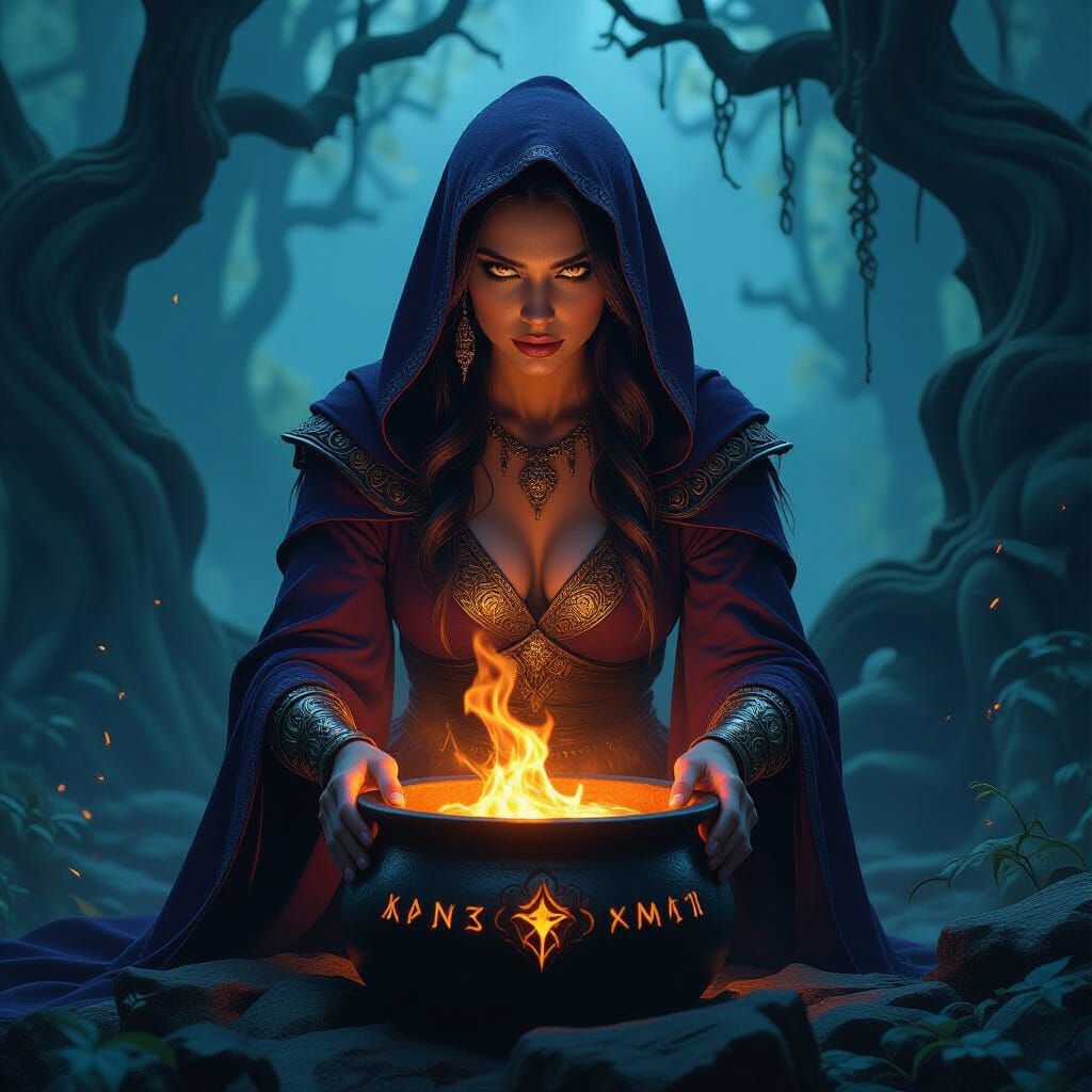 Powerful Sorceress in Gnarled Forest, Dark Fantasy Concept A...