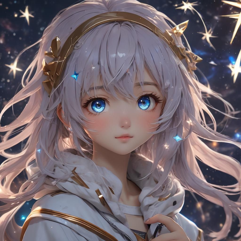 Anime Girl with Galaxy Hair and Starry Eyes