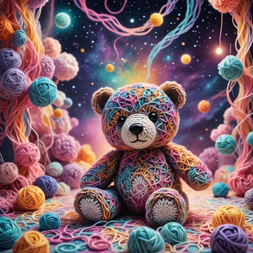 Cosmic Crochet Teddy Bear in Holographic Style