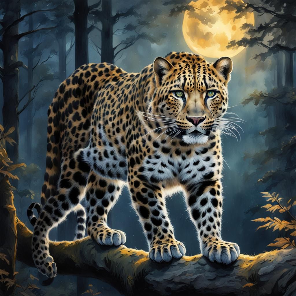 watercolor painting of  Amur Leopard in a moonlit forest, it...