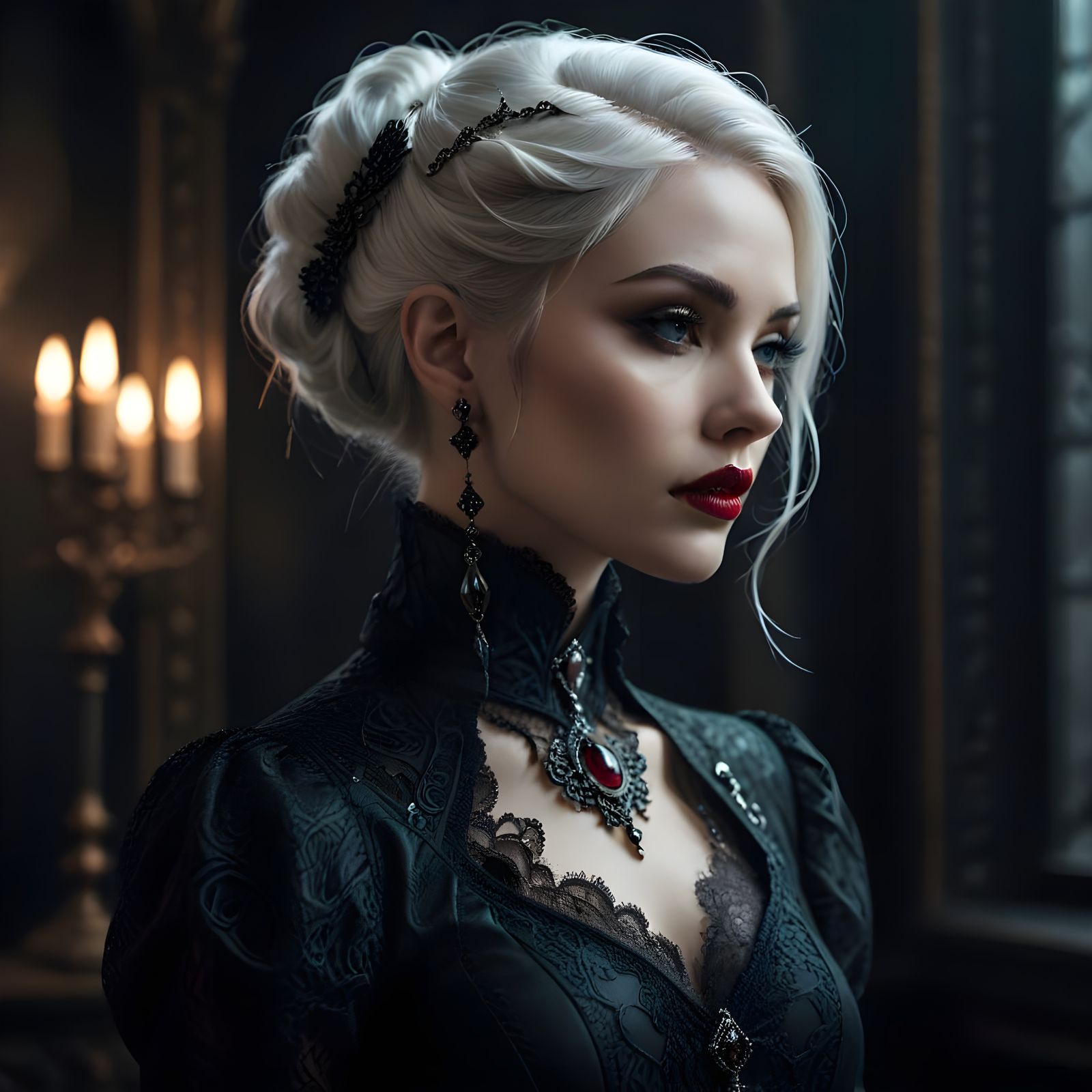 Elegant Gothic Vampire Woman in Victorian-Inspired Attire