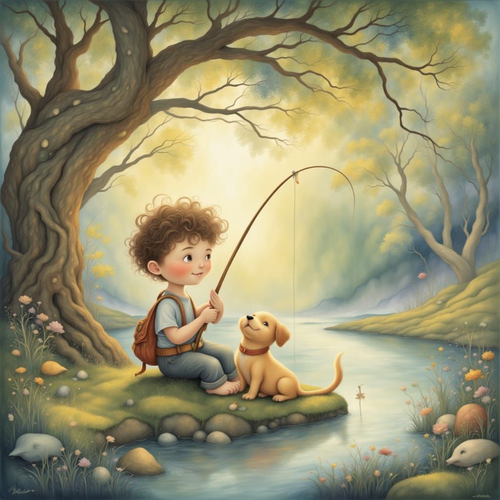 Boy Fishing With Puppy Beside Him in Storybook Style