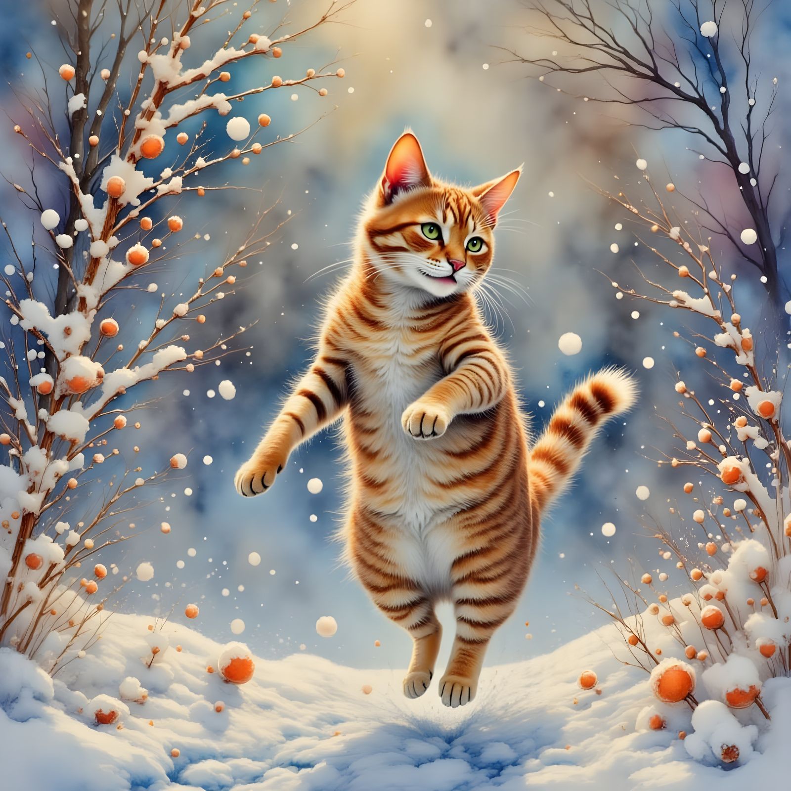 Excited Cat Leaping in Heavy Snowfall