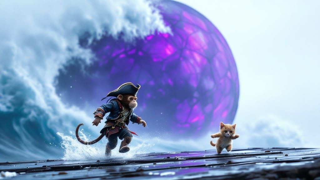 Adventurous Pirate-Monkey and Cat Escape a Colossal Wave