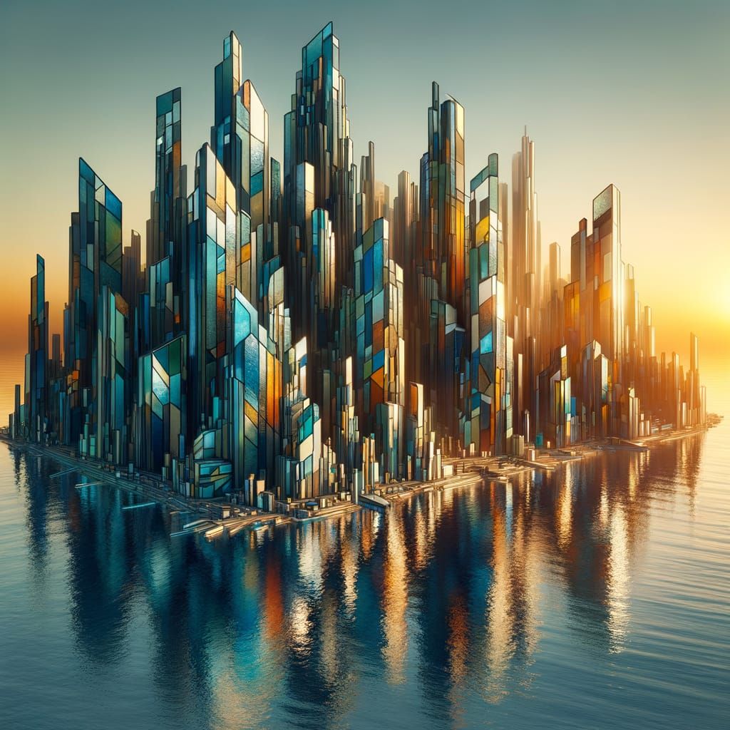 Sea Glass Cityscape at Sunset