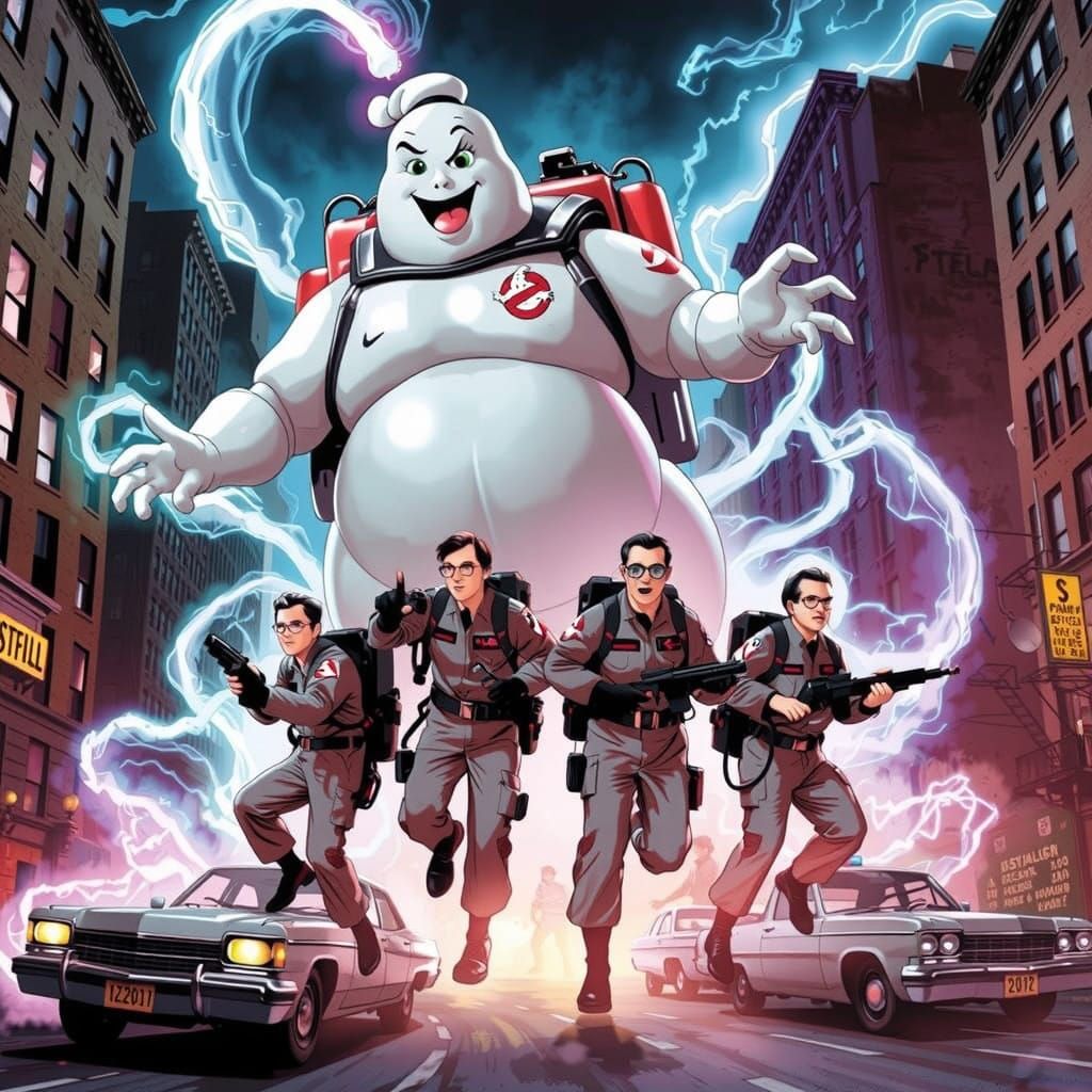 Ghostbusters Battle Playful Ghosts in a Spooky Urban Landsca...