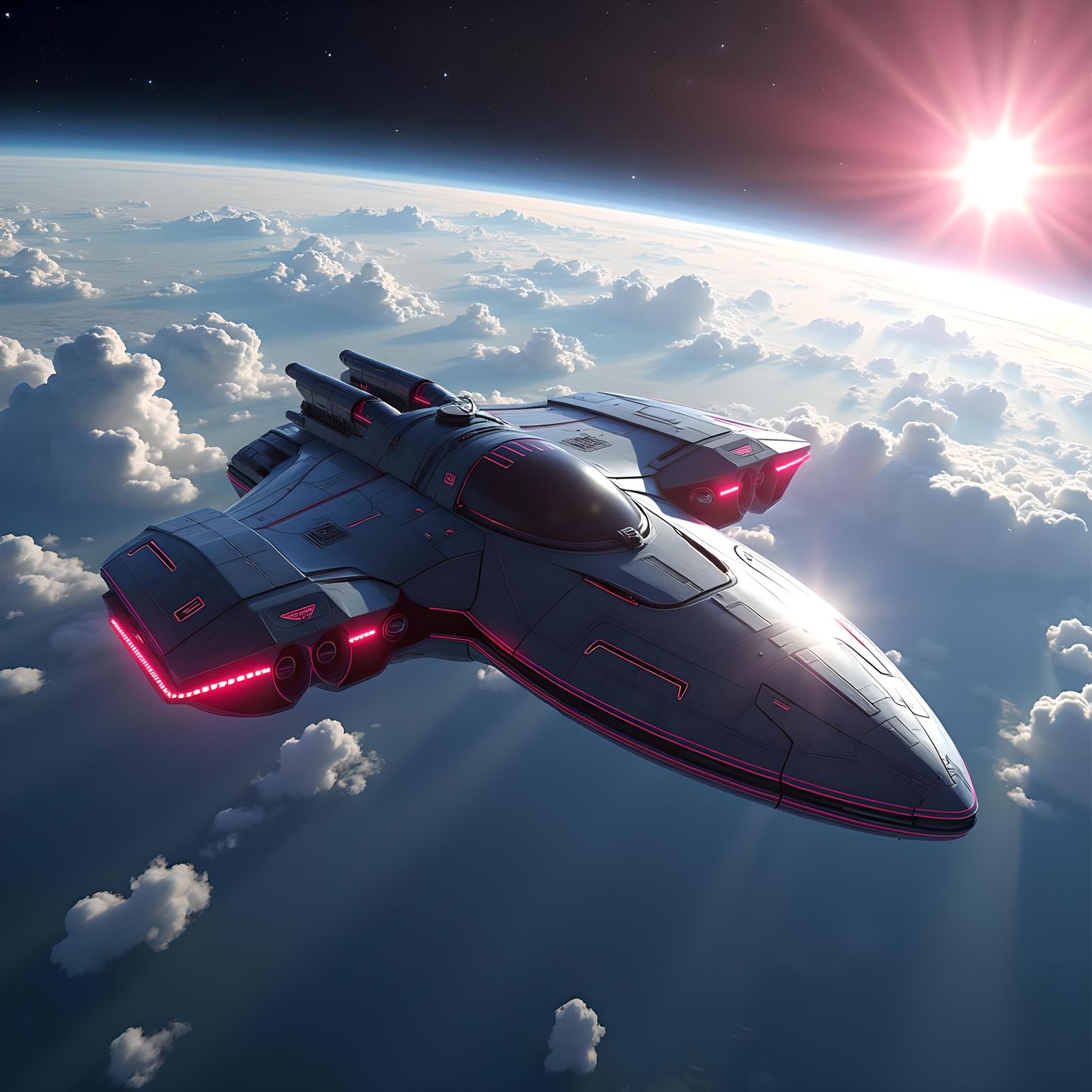 Ultra detailed pictures of an intricate spaceship flying bes...