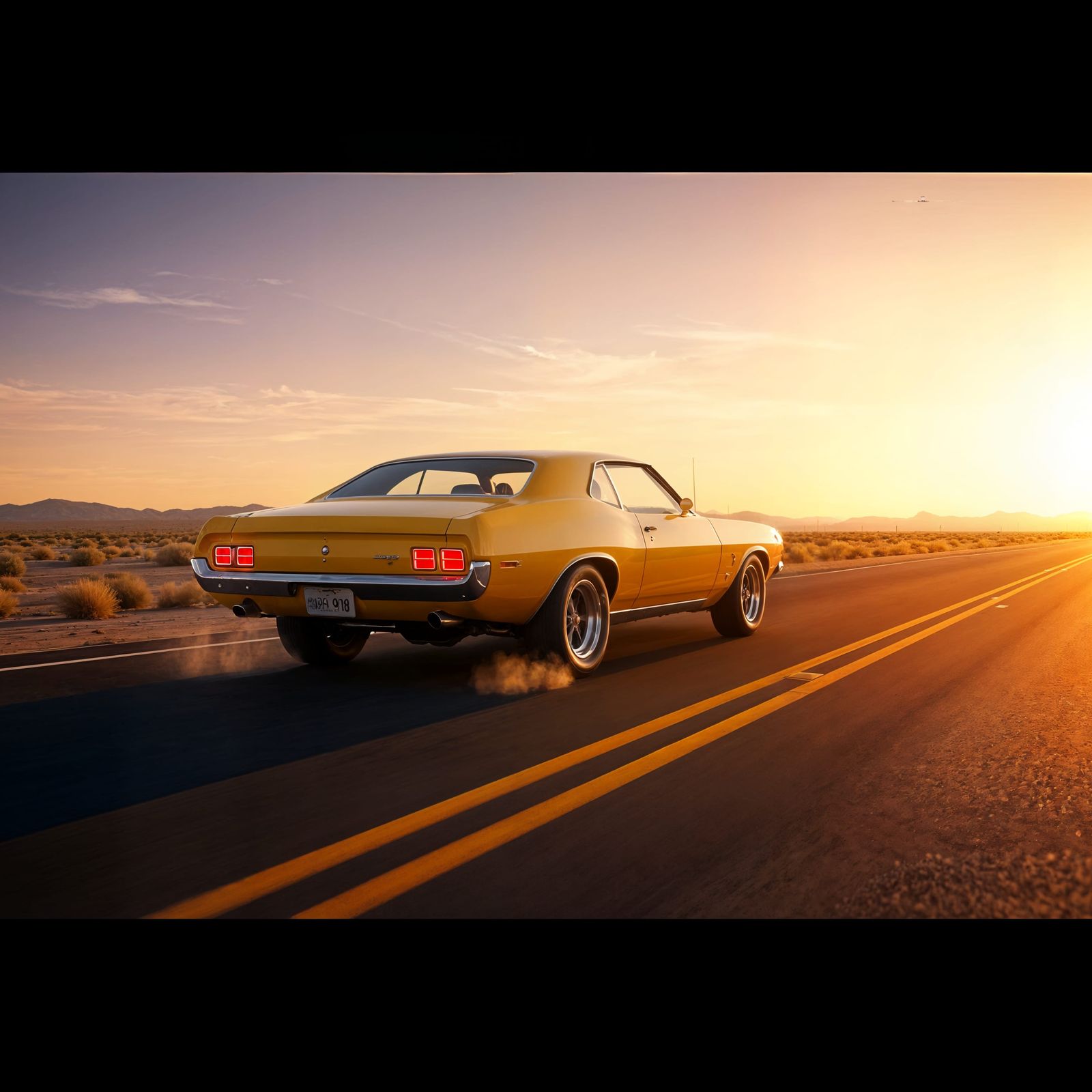 Yellow 1970s Muscle Car Launching on Desert Road