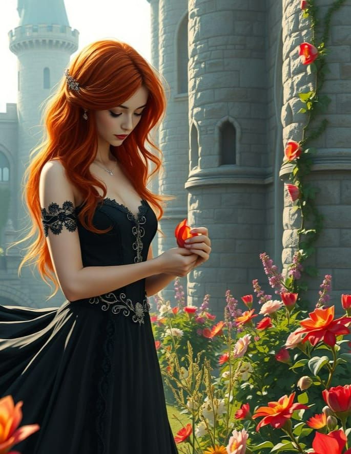 Medieval Woman Finds Solace in Castle Garden