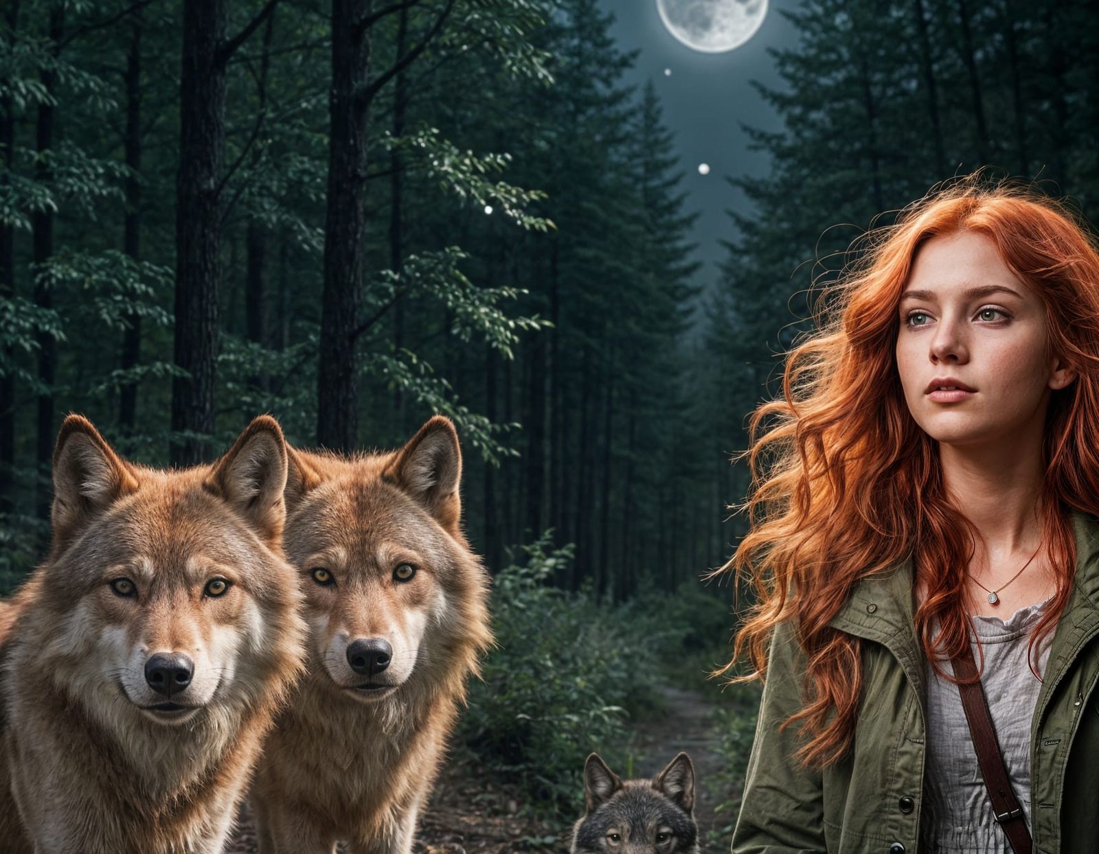 Red-Haired Teen and Wolves Under Moonlight