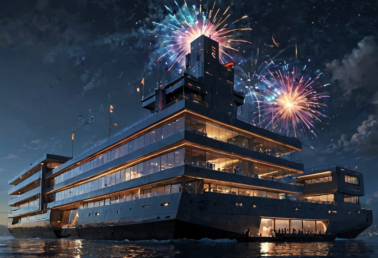 Sleek Futuristic Town Hall on a Floating Ship Under Vibrant...