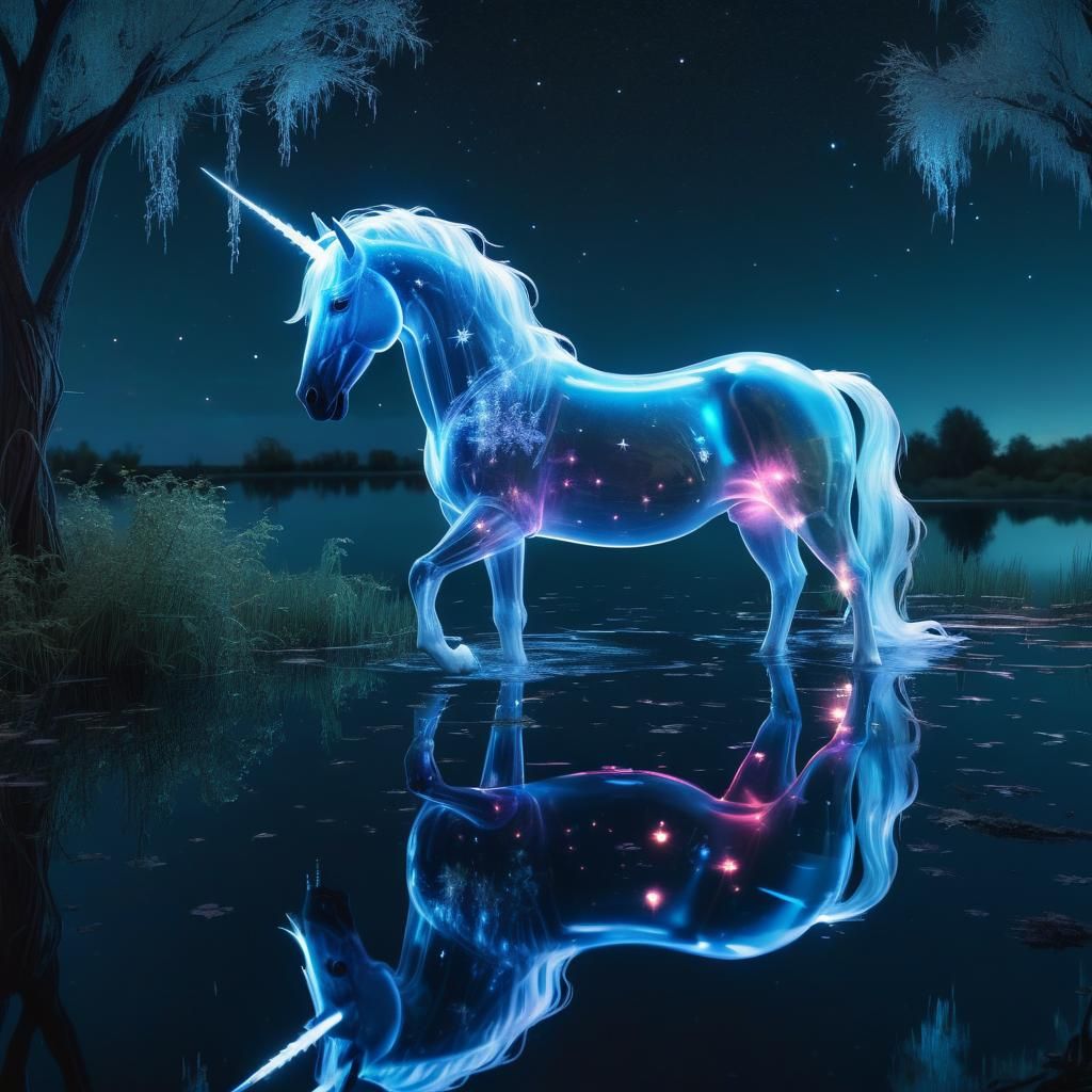 Glowing Translucent Unicorn in Starry Landscape