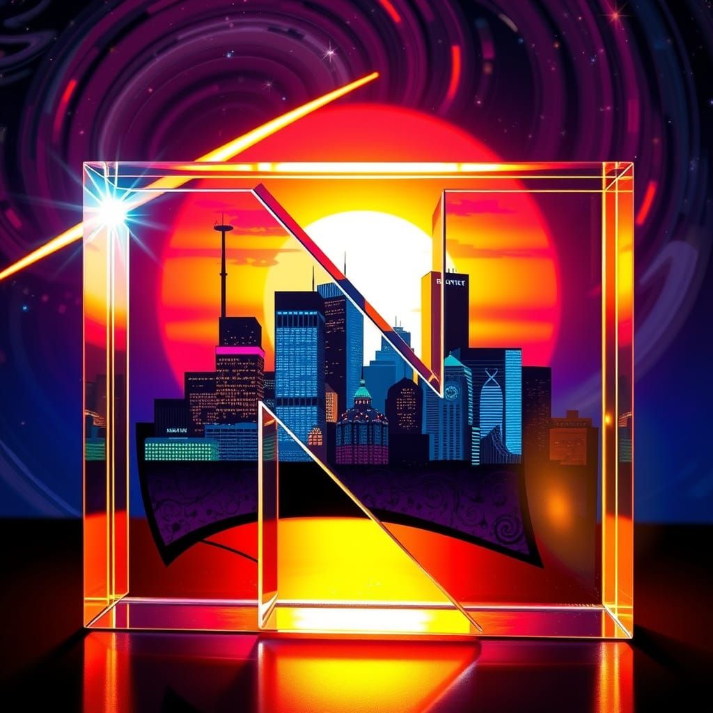 Glass Letter N with Minneapolis Skyline and Galaxy