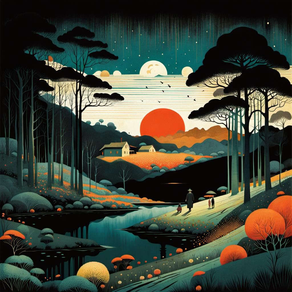 Dark Cartoon Landscape in Flat 2D Style