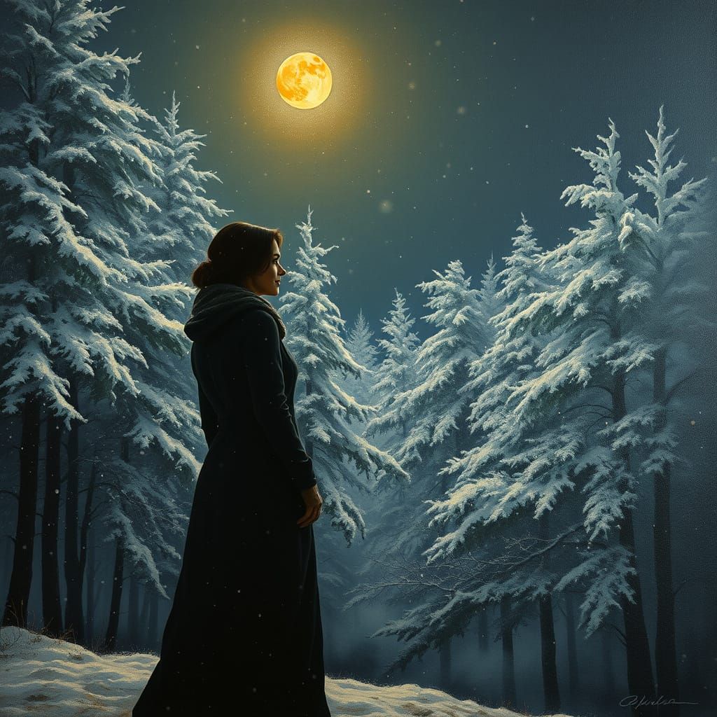 Serene Woman in Moonlit Snowy Forest Landscape