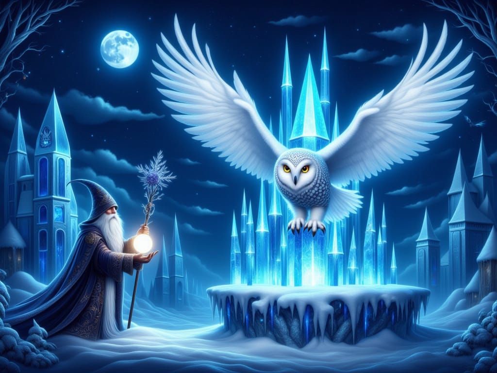 Wizard Stands Beside Glowing Snowy Owl in Majestic Ice Palac...