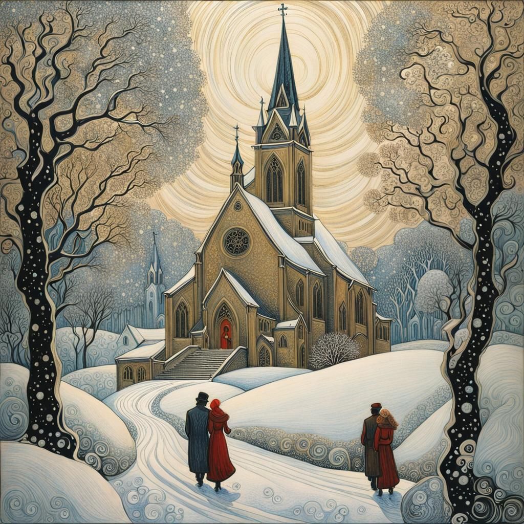 Winter Church Scene in Ethereal Pointillism Style