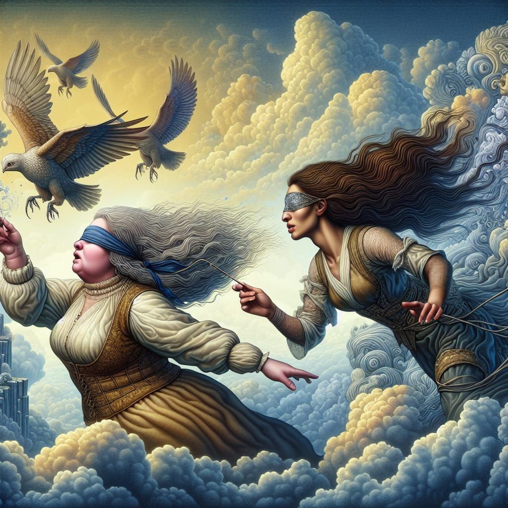 Fantastical Sky Scene with Women Following a Scent