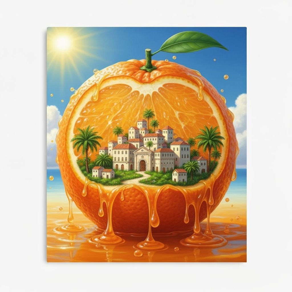 Tiny City Inside Giant Orange Under Tropical Sun
