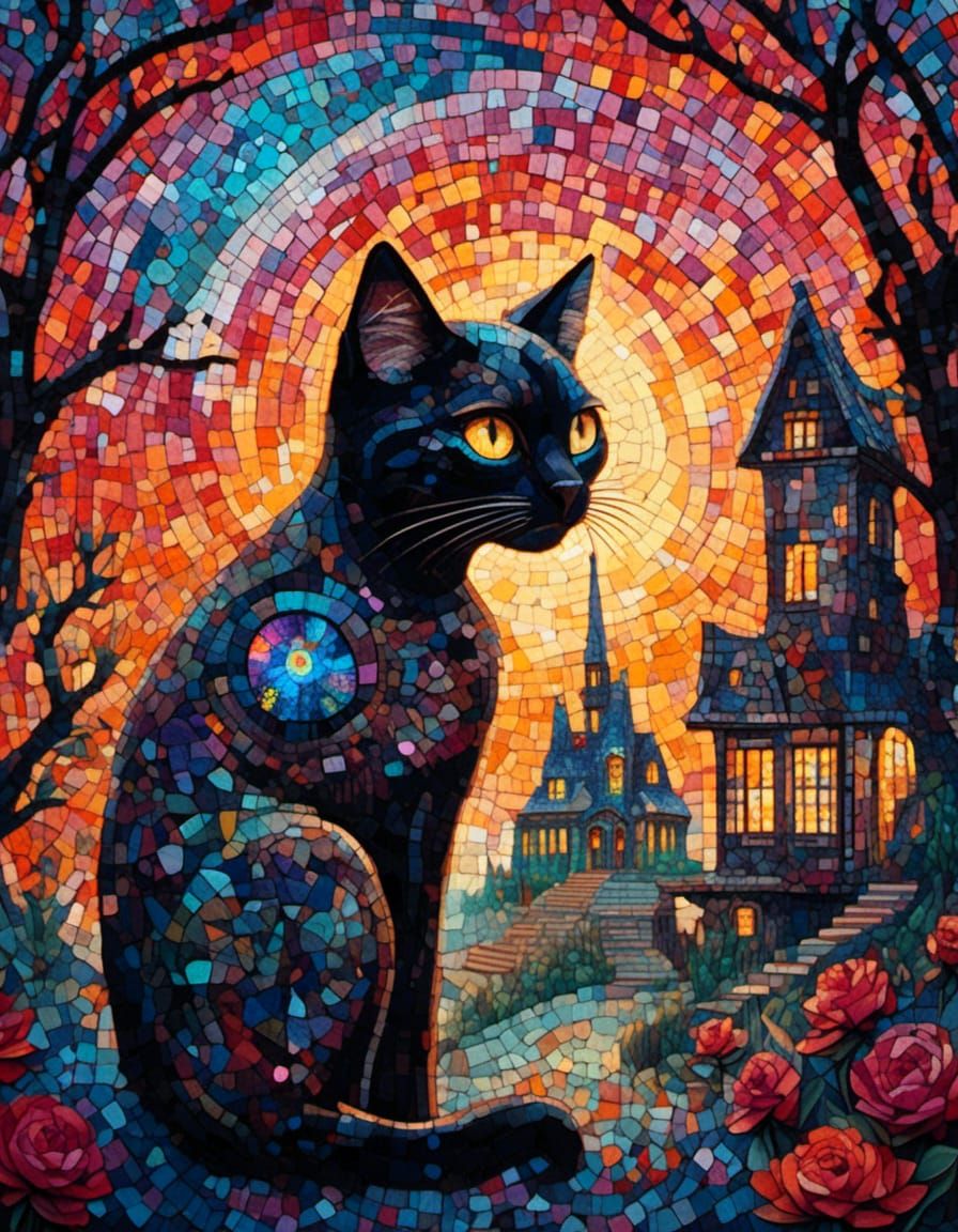 Mosaic Black Cat in Nebula, Alcohol Ink Art