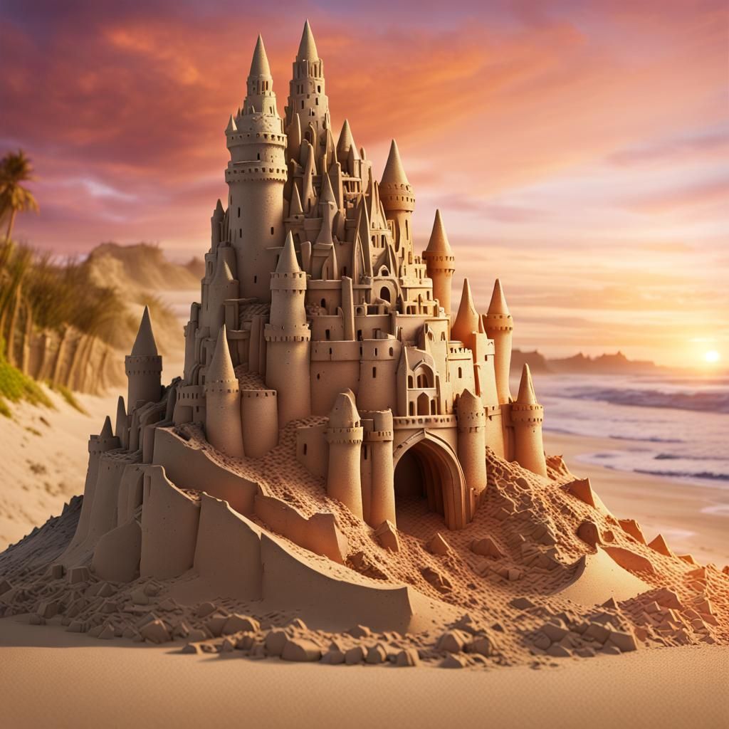 Minas Tirith Sandcastle at Sunset: Hyperrealistic Splash Art