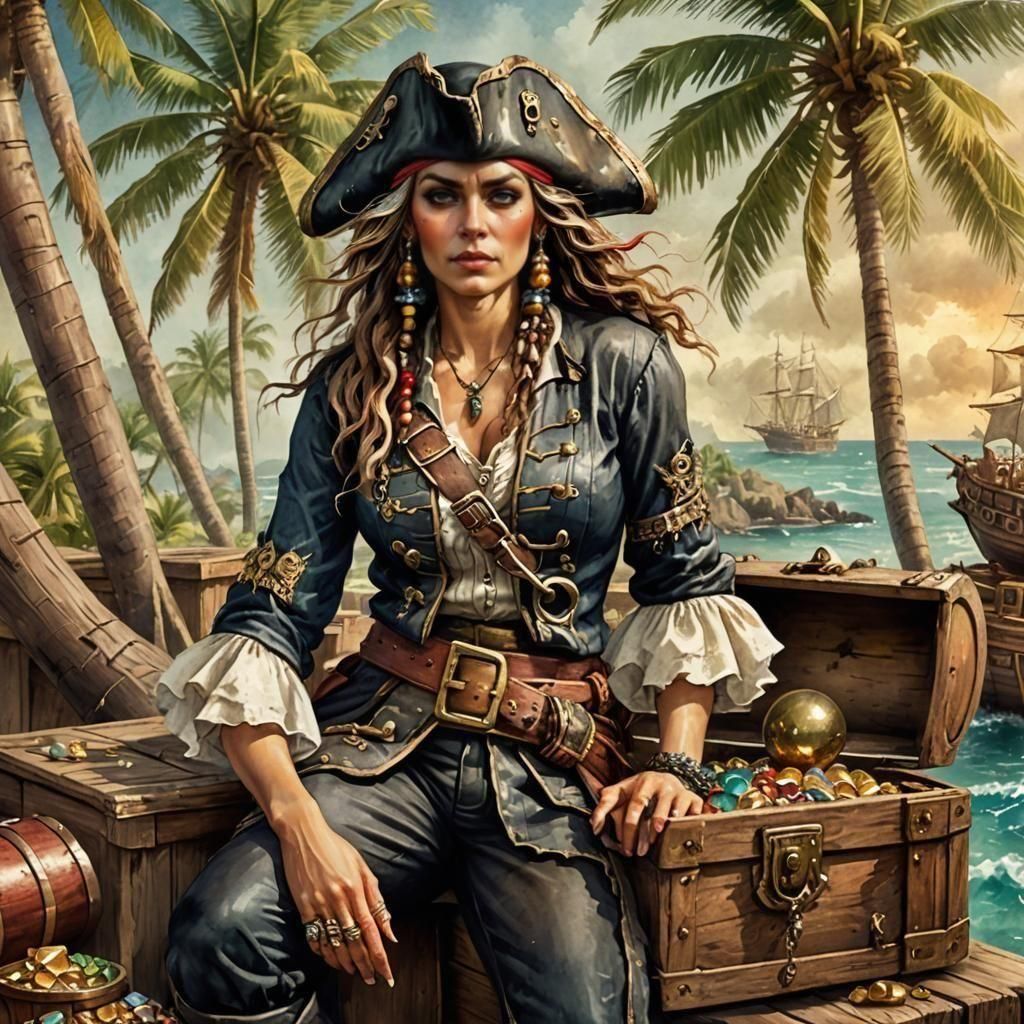 Tough Lady Pirate with Treasure in Vintage Style