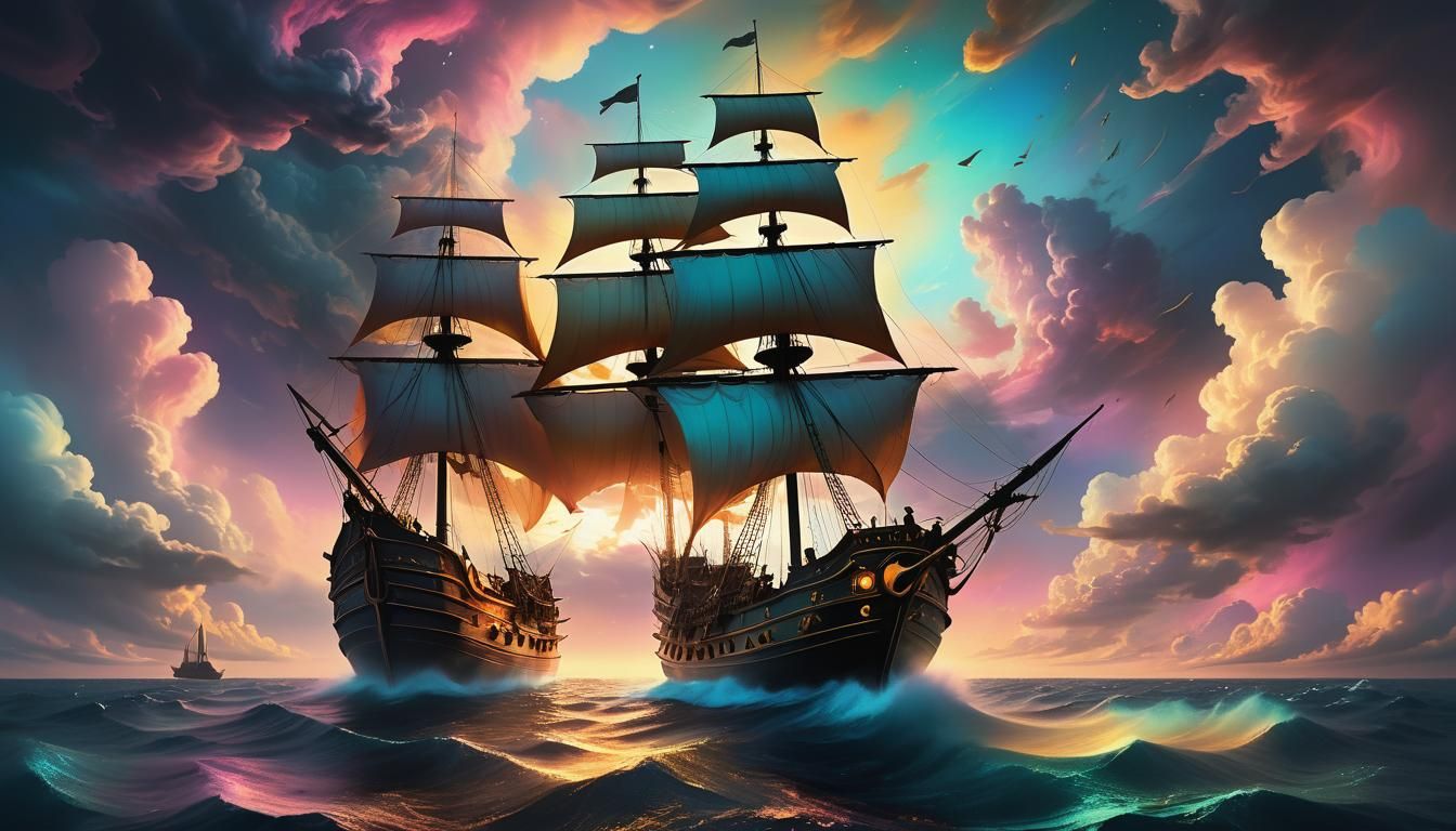 Surreal Galleon Sailing Through Iridescent Clouds