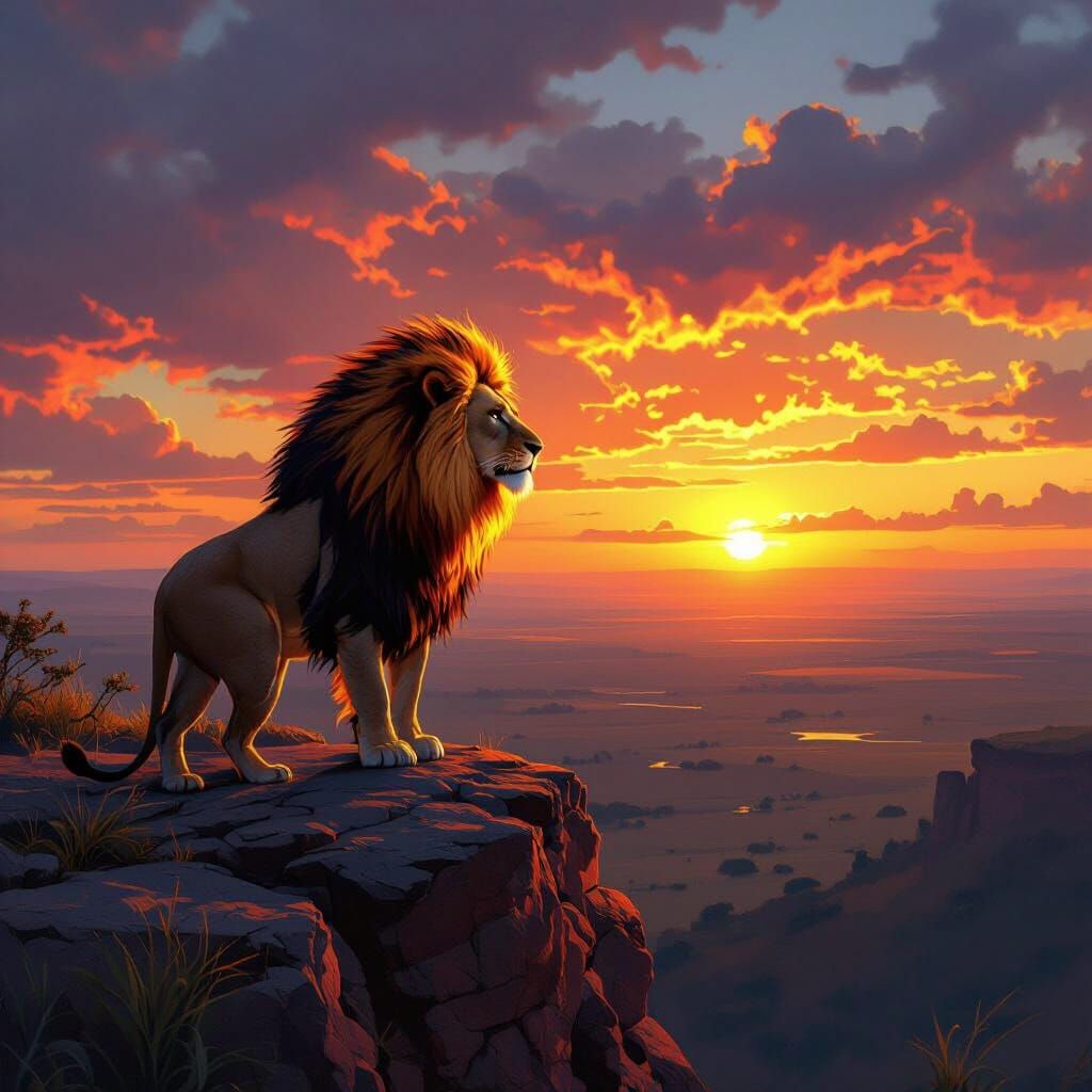 Lion with Flaming Mane Overlooking Savanna at Sunset