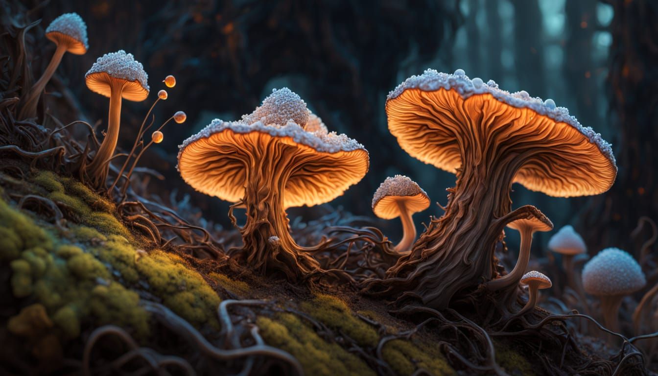 Glowing Fungal Wonders in Hyper-Realistic Oil Painting