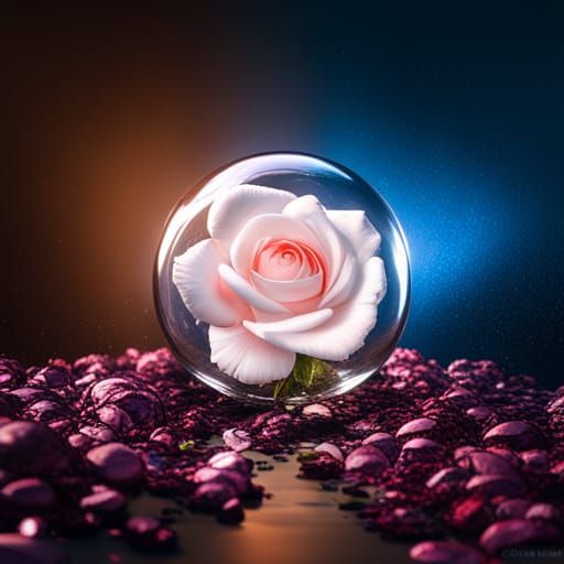 White Rose Inside Glass Sphere with Blue Glitter