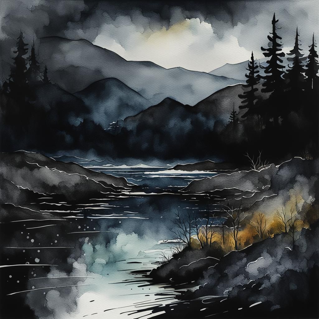 Dramatic Landscape in Dark Watercolor Art