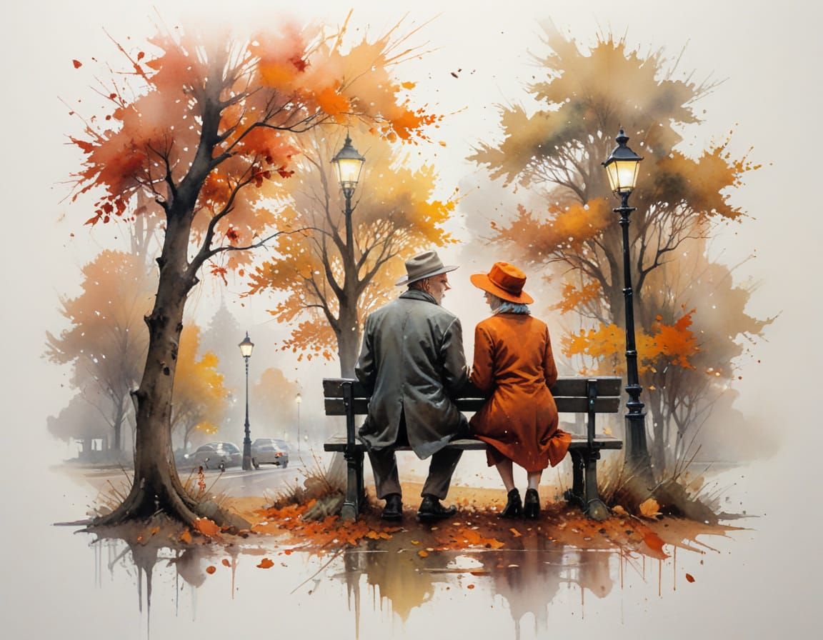 Serene Autumn Couple on Bench in Misty Light