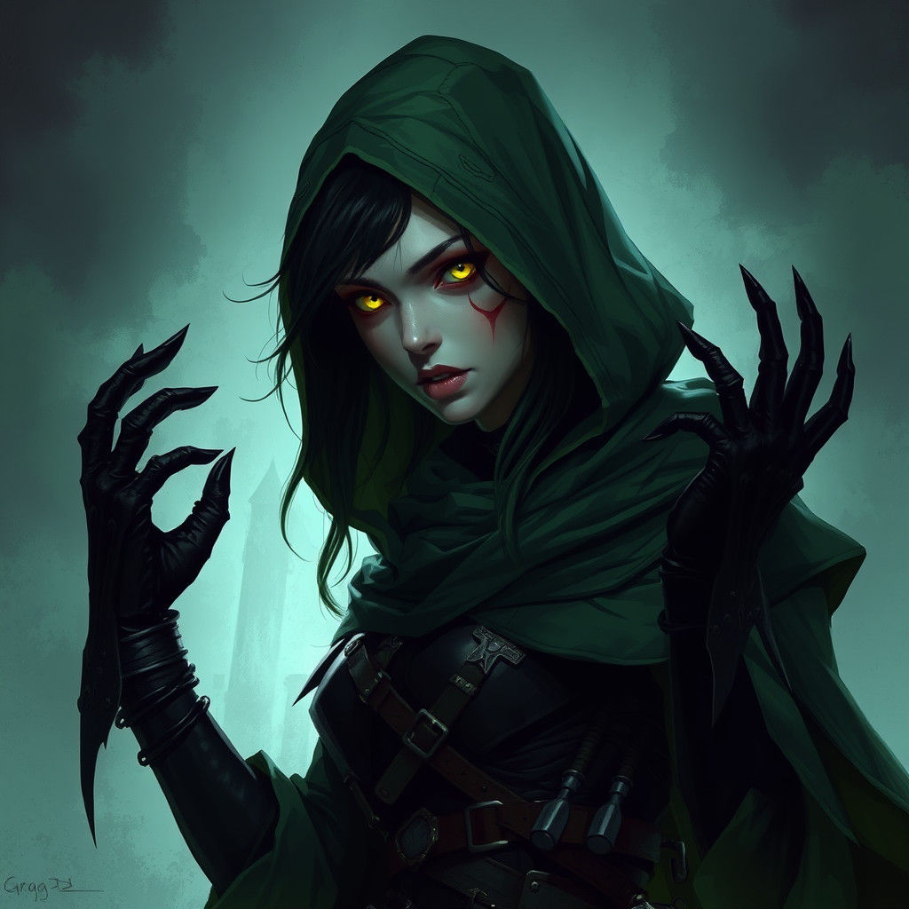 Darkling Hybrid in Green Cloak, Dark Fantasy Art