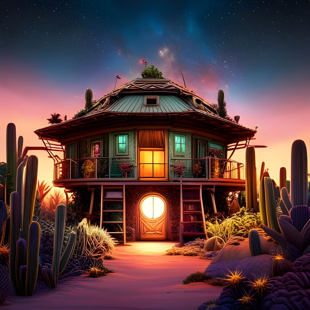 Detailed Cactus House in Desert Night Sky