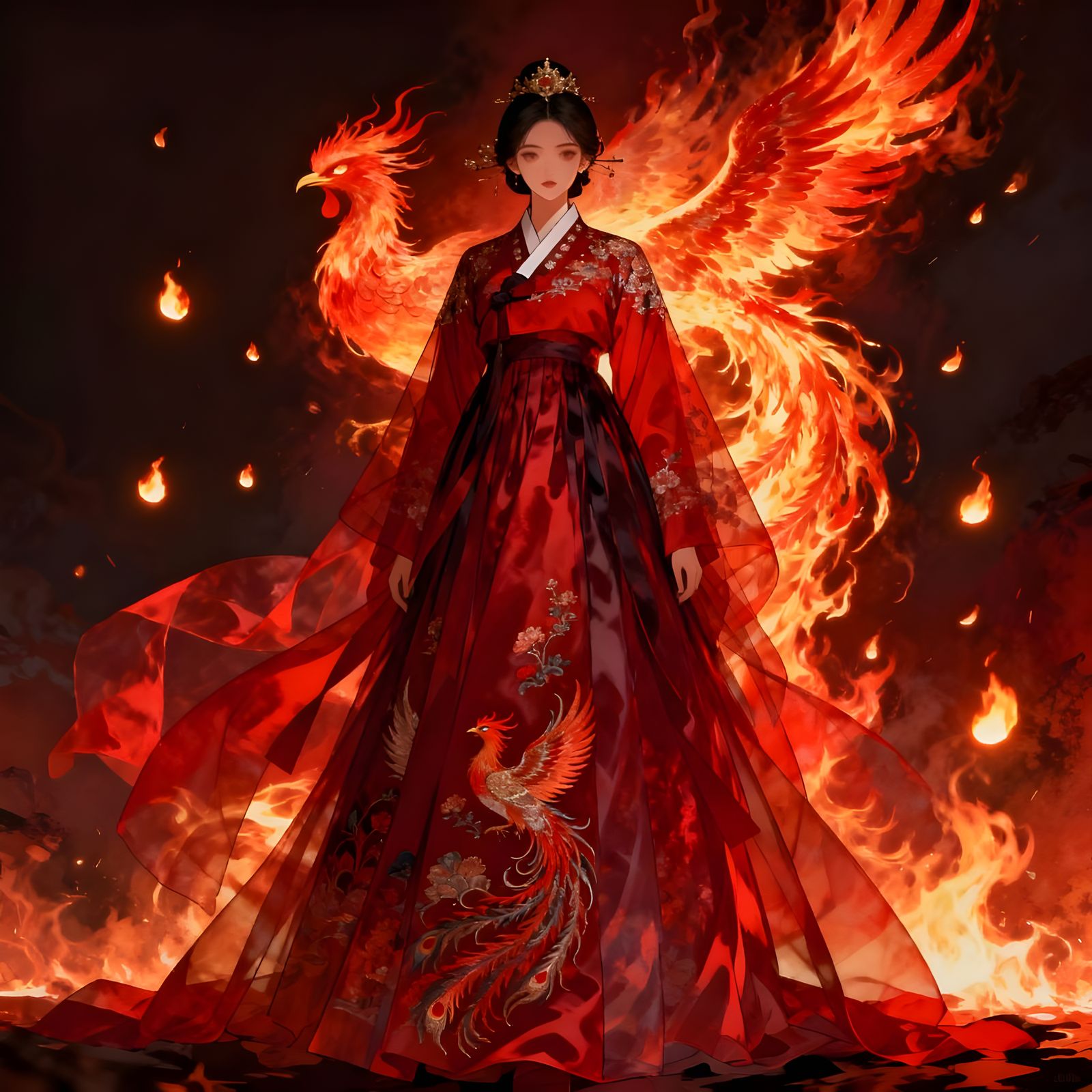 Regal Woman in Hwarot Amidst Fiery Phoenix Flames