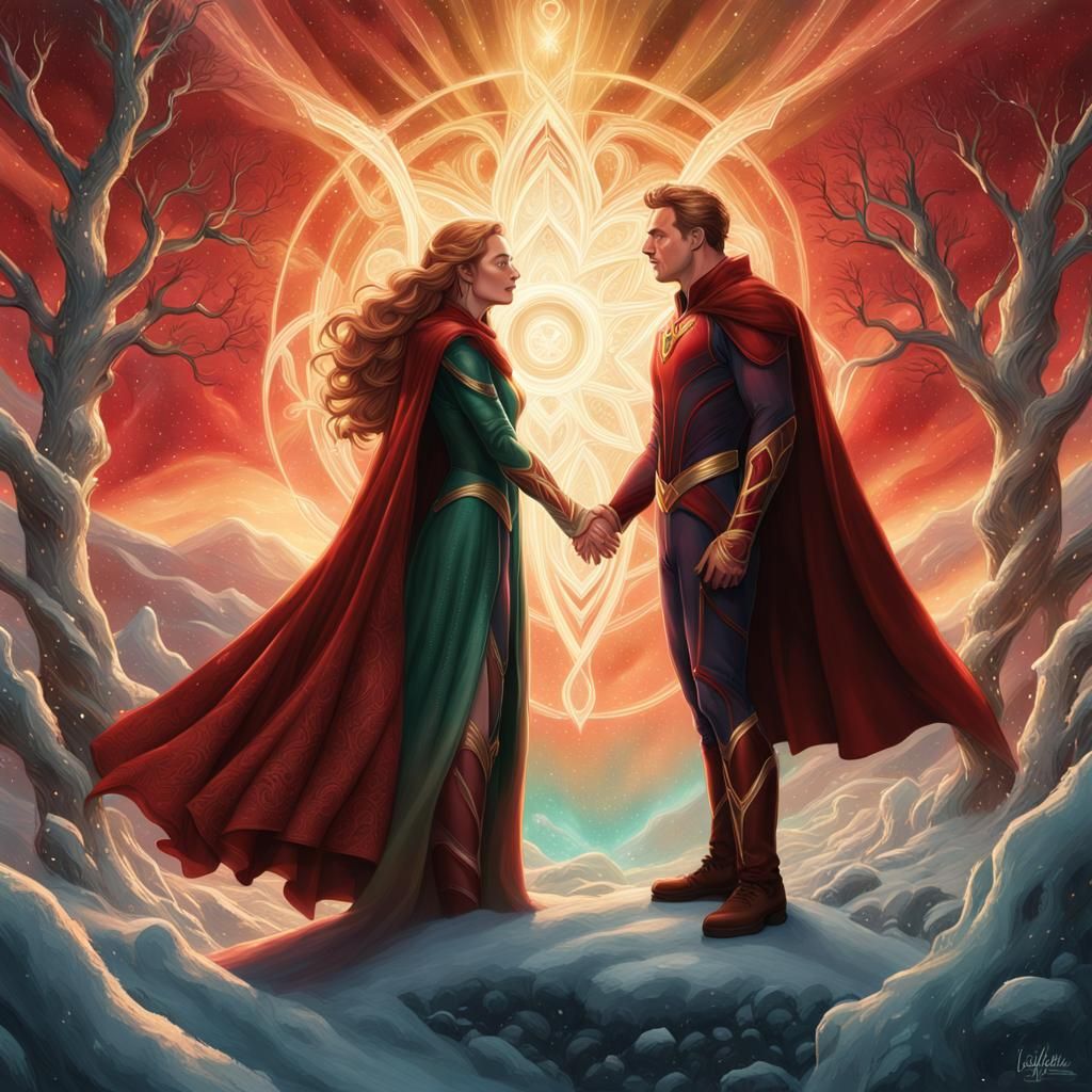 Scarlet Witch and Vision Portrait in Art Nouveau Style