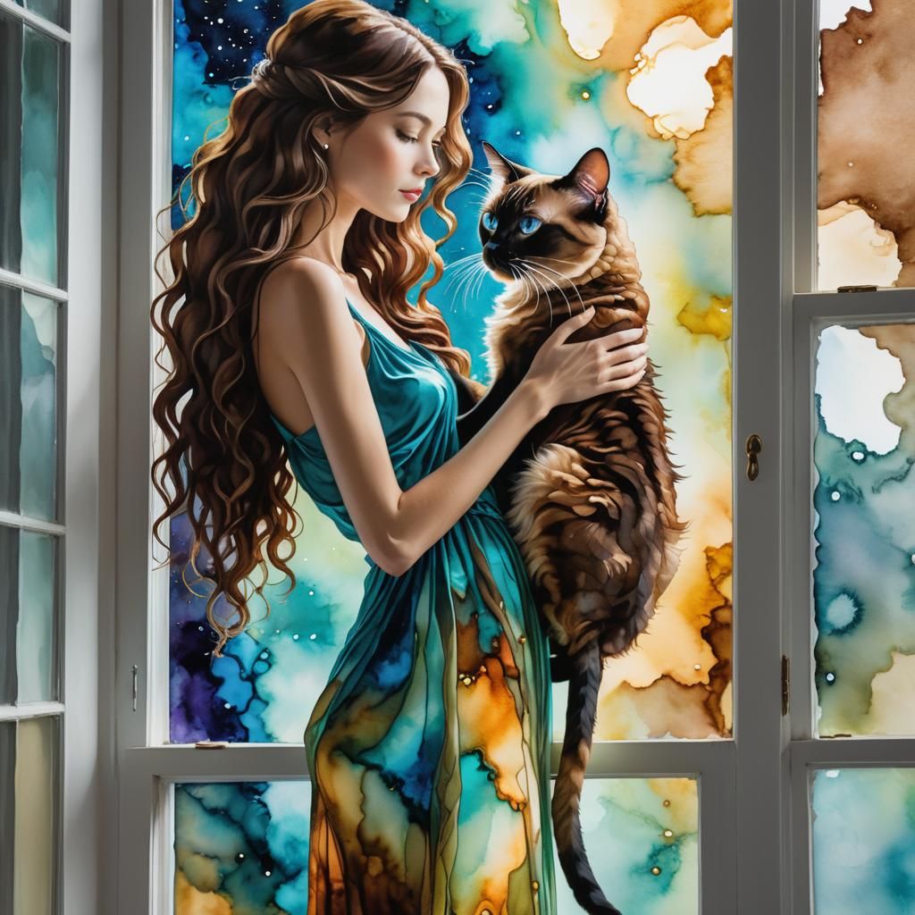 Woman with Siamese Cat, Alcohol Ink Art