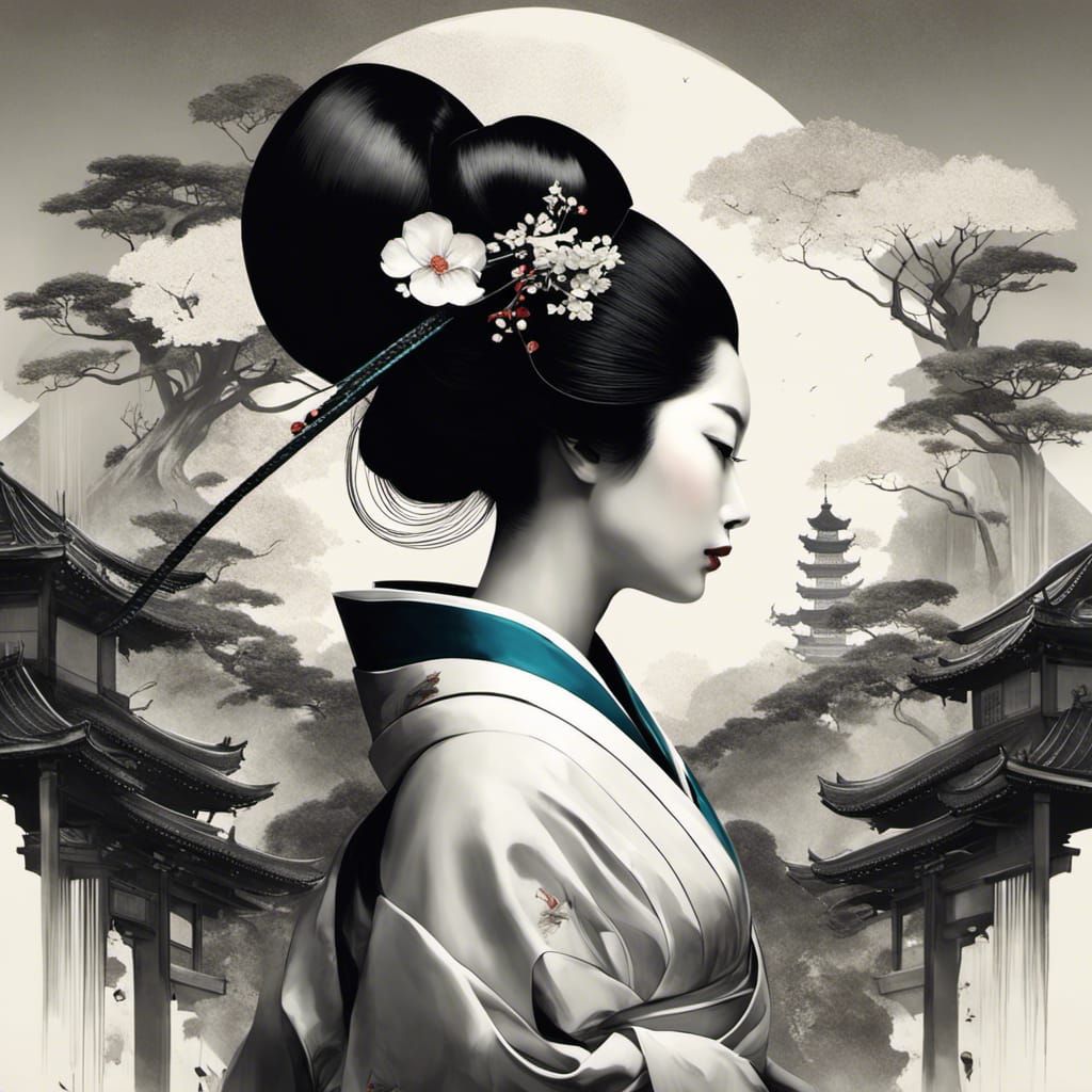 Monochrome Geisha Portrait in Splash Art Style
