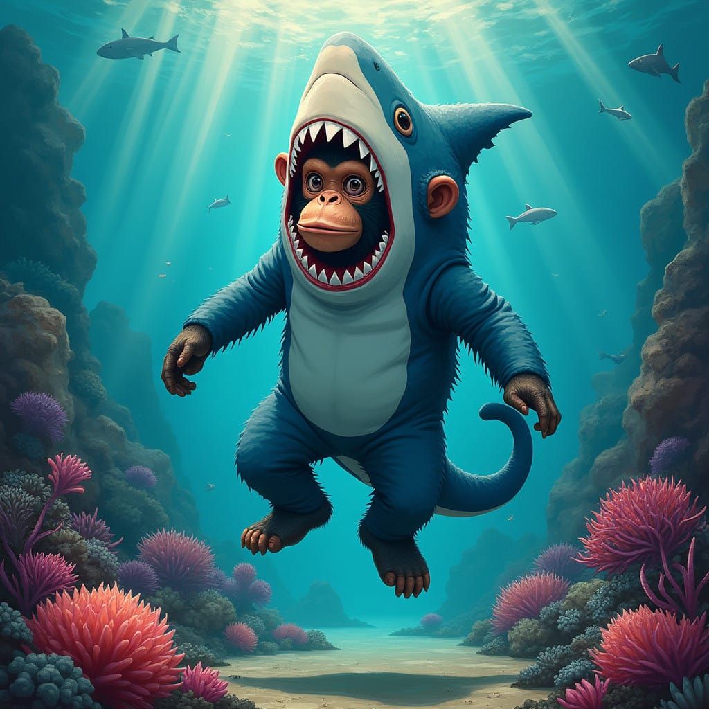 Surreal Monkey Shark Surrounded by Vibrant Oceanic Hues in P...