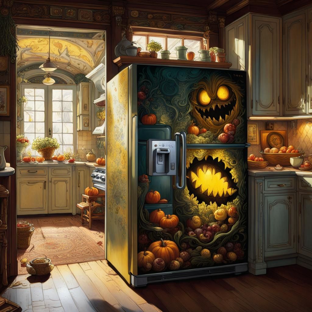 Spooky Kitchen Scene with Monster Refrigerator